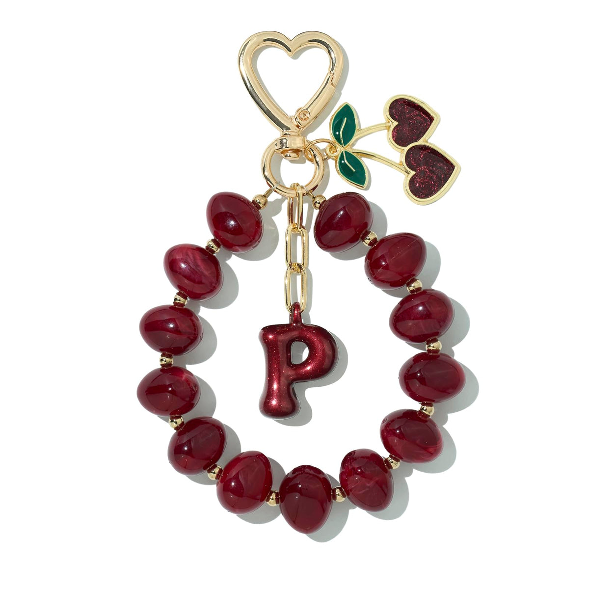 DualCozy Pink/Black Cherry Beaded Bubble Initial Bag Charm Cherry Keychain