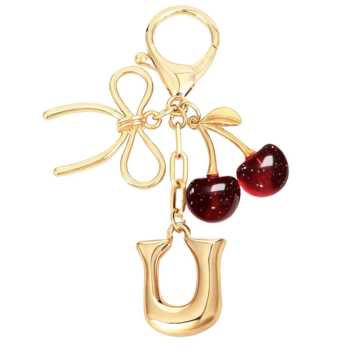 Snycler Bubble Initial Keychain with Bow & Cherry - Gold Letter Bag Charms for Women, Cute Purse Handbag Accessories