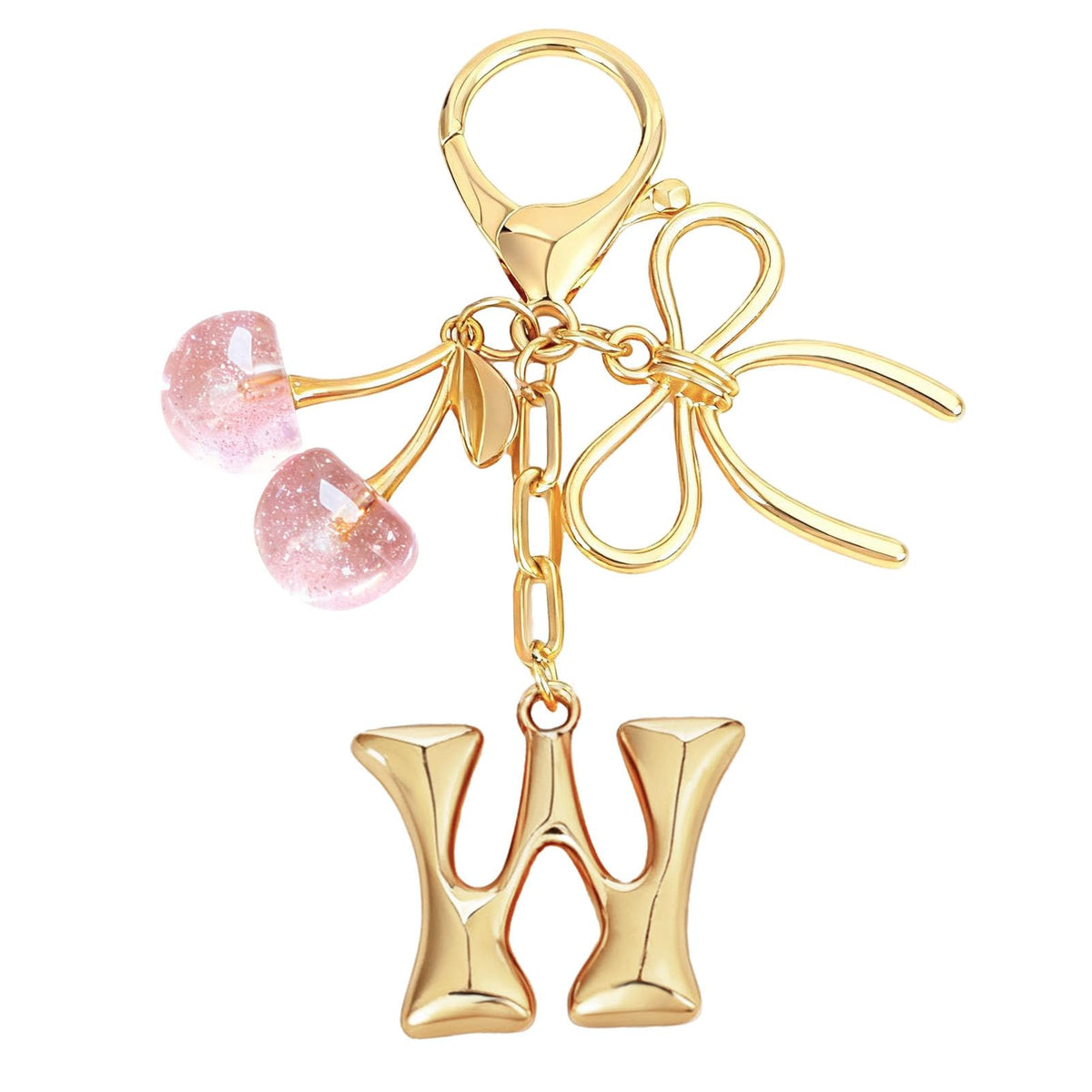 Snycler Bubble Initial Keychain with Bow & Cherry - Gold Letter Bag Charms for Women, Cute Purse Handbag Accessories