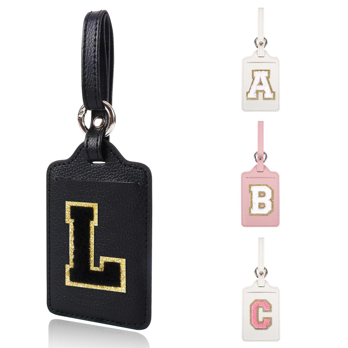 Personalized Initial Luggage Tags for Suitcases, Leather Chenille Letter Cute Luggage Tags with Privacy Name Card, Embroidered Travel Bag Backpack Tag Gifts for Women Kids Girls Teens(Pink-M)