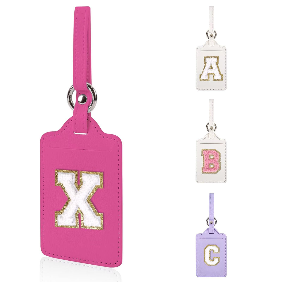 Personalized Initial Luggage Tags for Suitcases, Leather Chenille Letter Cute Luggage Tags with Privacy Name Card, Embroidered Travel Bag Backpack Tag Gifts for Women Kids Girls Teens(Pink-M)