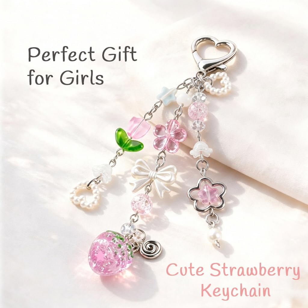 Cute Strawberry Keychain, Pink Aesthetic Bag Charm for Backpack