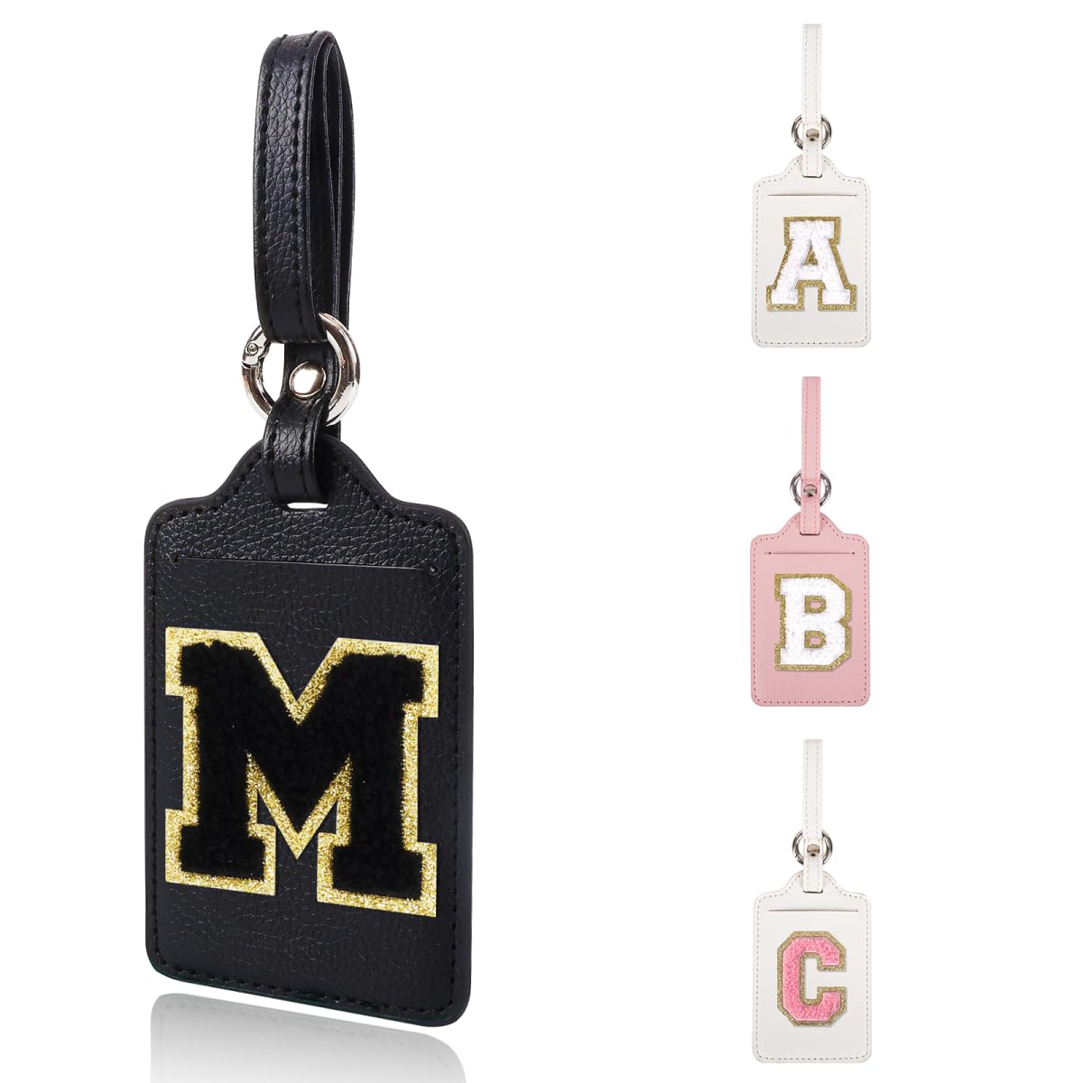 Personalized Initial Luggage Tags for Suitcases, Leather Chenille Letter Cute Luggage Tags with Privacy Name Card, Embroidered Travel Bag Backpack Tag Gifts for Women Kids Girls Teens(Pink-M)