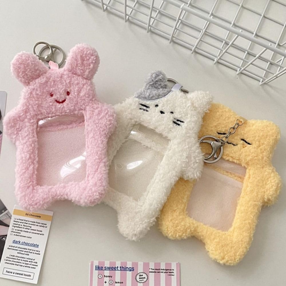 Pink Cute Plush Cartoon Bear Rabbit Photo Set With Keychain, ID Bank Credit Card Holder Protector, Stationery Identification Badge And Supplies