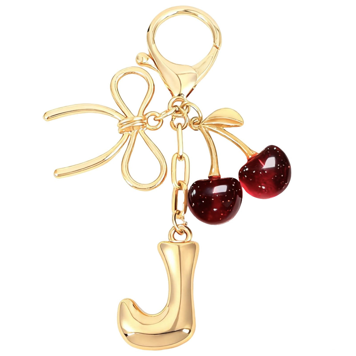 Snycler Bubble Initial Keychain with Bow & Cherry - Gold Letter Bag Charms for Women, Cute Purse Handbag Accessories