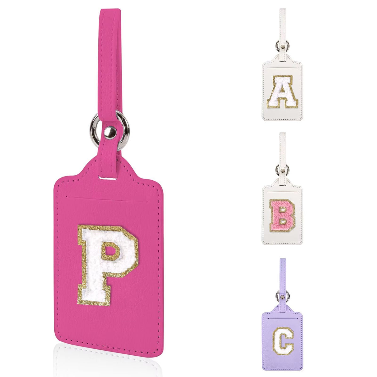Personalized Initial Luggage Tags for Suitcases, Leather Chenille Letter Cute Luggage Tags with Privacy Name Card, Embroidered Travel Bag Backpack Tag Gifts for Women Kids Girls Teens(Pink-M)