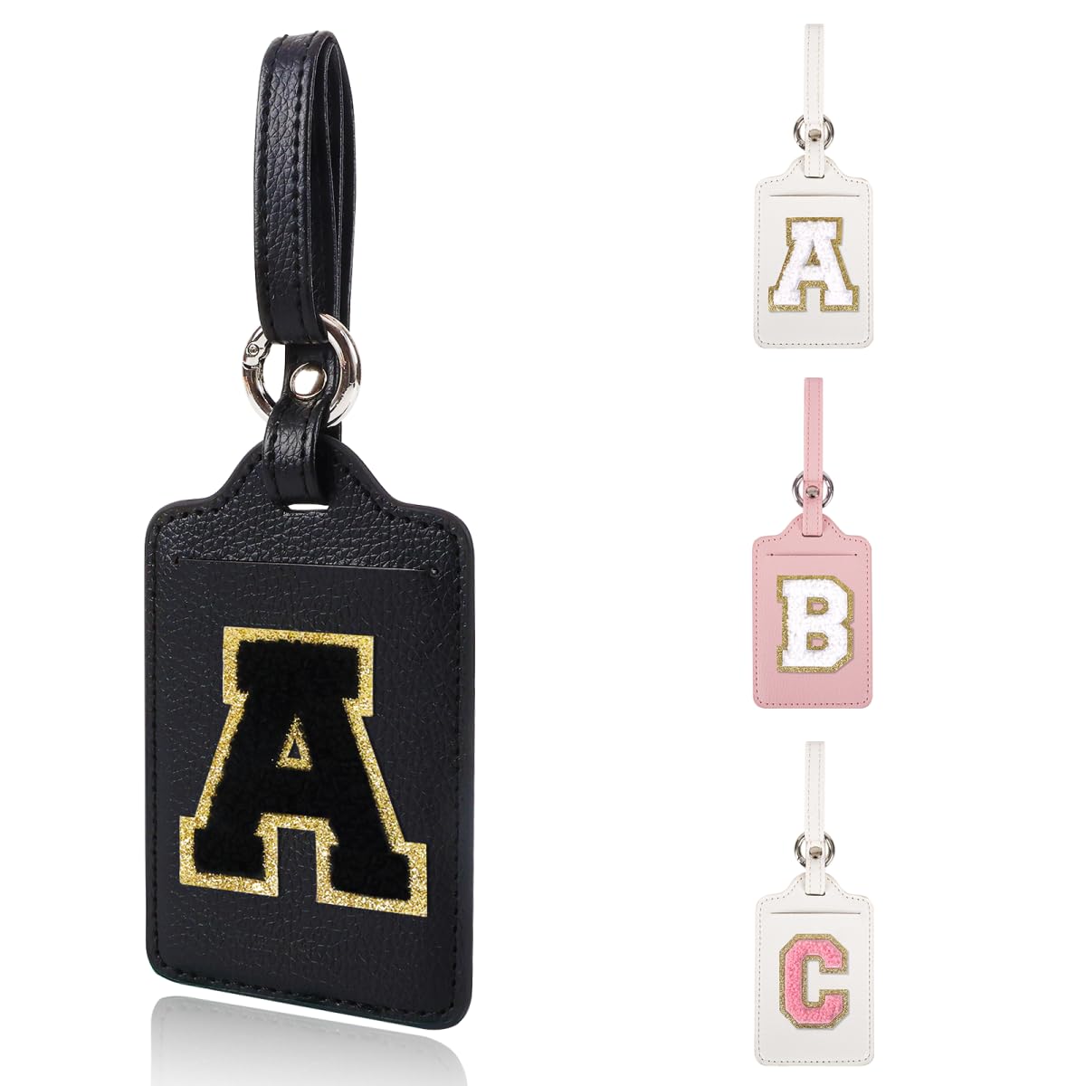 Personalized Initial Luggage Tags for Suitcases, Leather Chenille Letter Cute Luggage Tags with Privacy Name Card, Embroidered Travel Bag Backpack Tag Gifts for Women Kids Girls Teens(Pink-M)