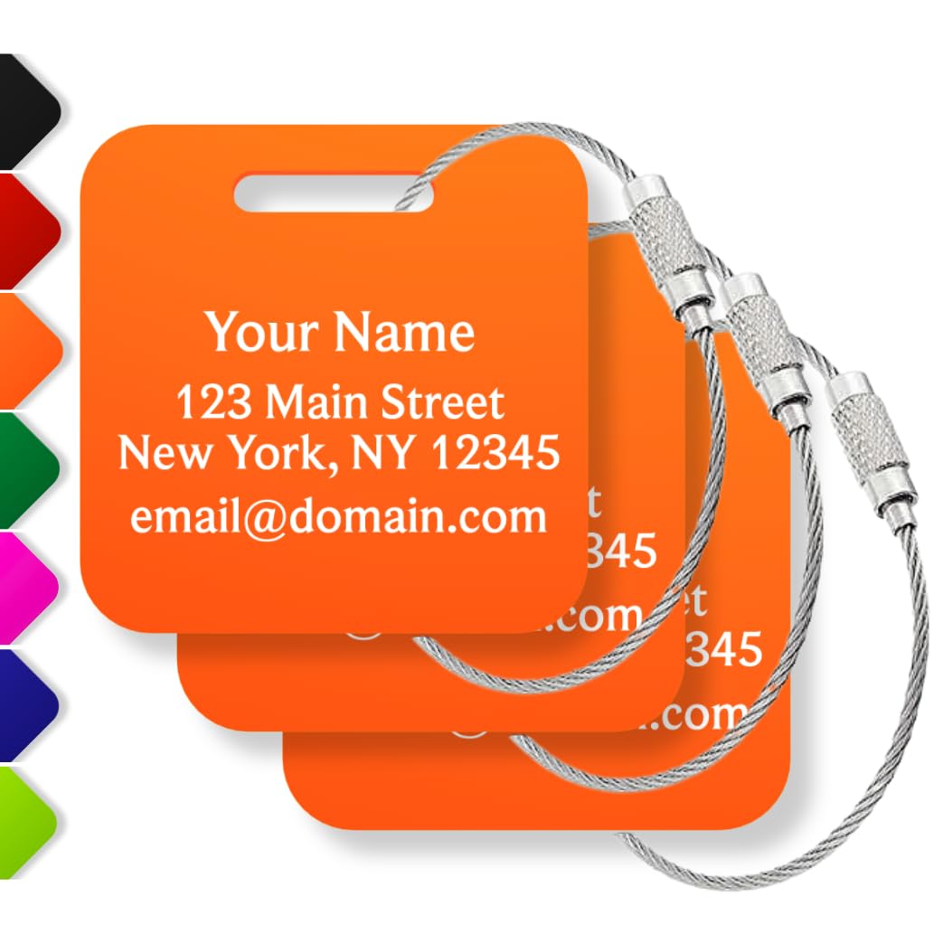 Custom Metal Luggage Tags (3 or 6 Pack) - Personalized Unique Suitcase & Backpack Travel, Durable, Waterproof & Heavy Duty (Orange)