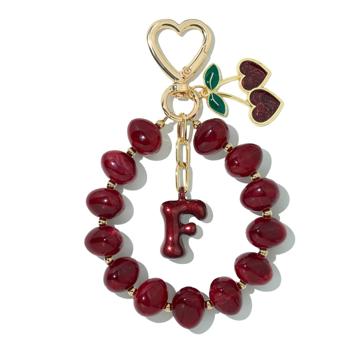 DualCozy Pink/Black Cherry Beaded Bubble Initial Bag Charm Cherry Keychain