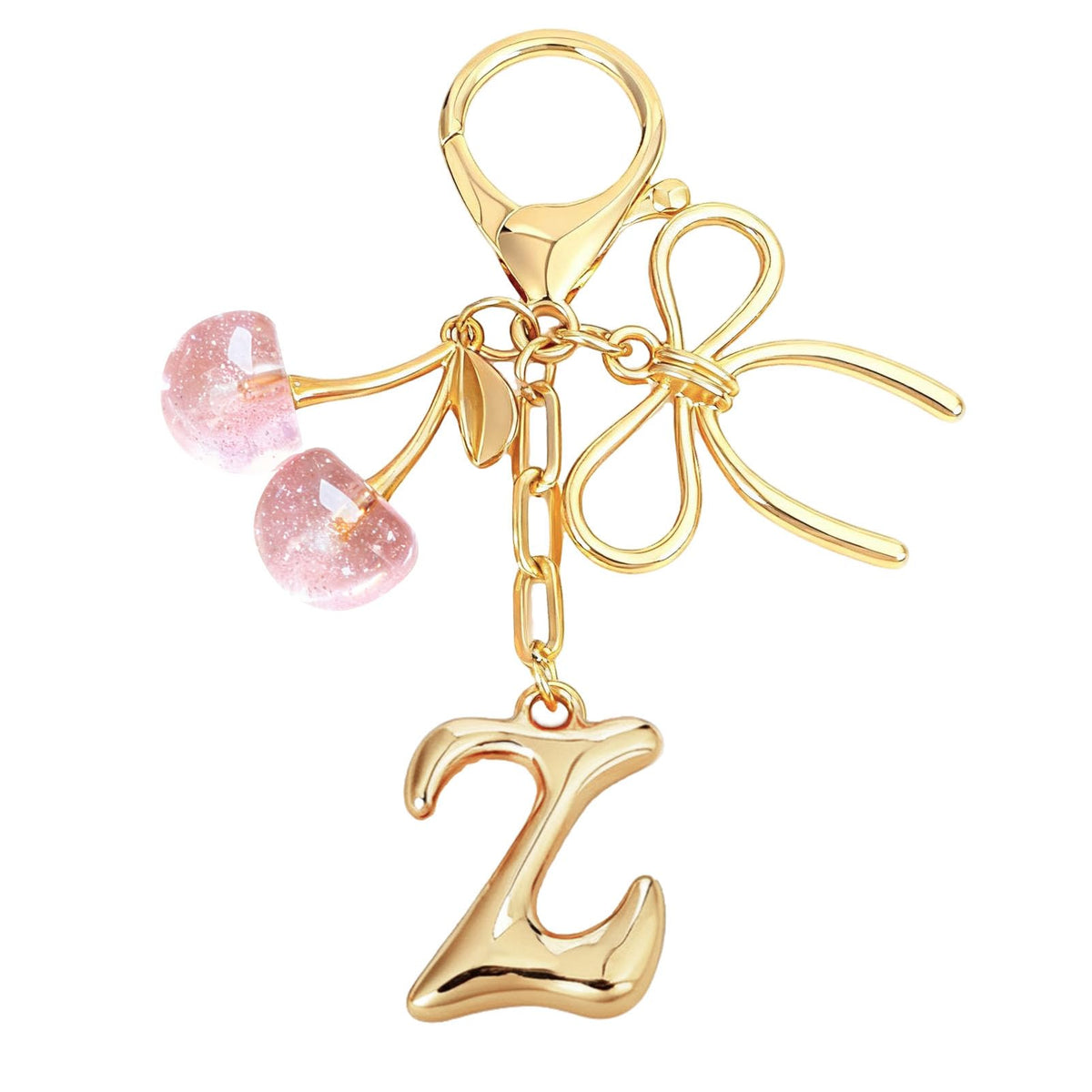 Snycler Bubble Initial Keychain with Bow & Cherry - Gold Letter Bag Charms for Women, Cute Purse Handbag Accessories