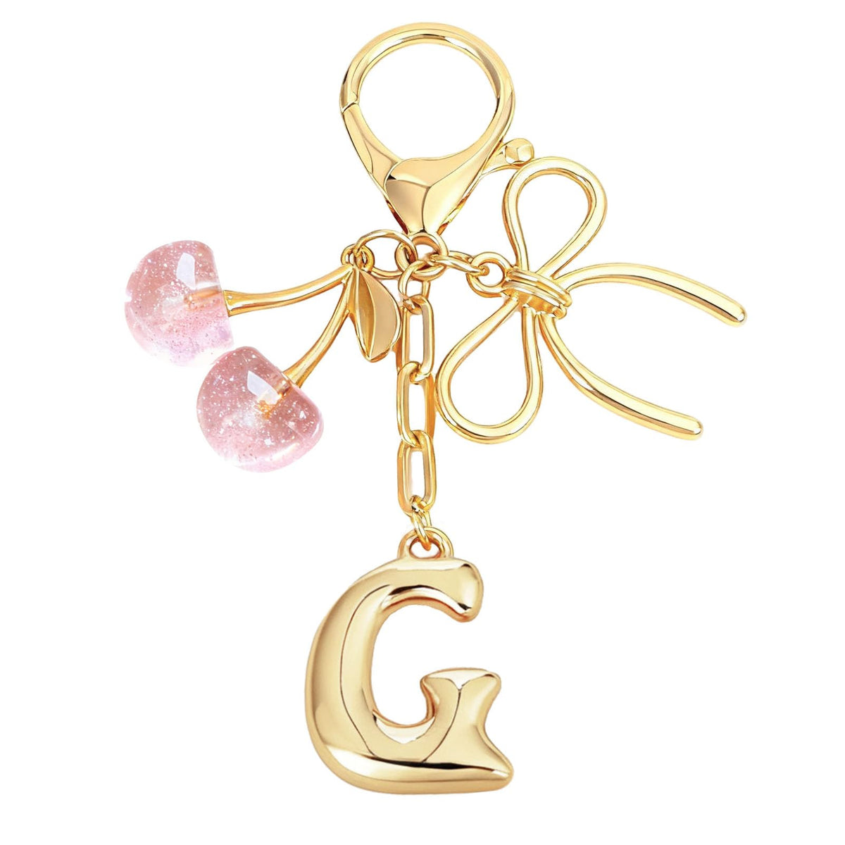 Snycler Bubble Initial Keychain with Bow & Cherry - Gold Letter Bag Charms for Women, Cute Purse Handbag Accessories