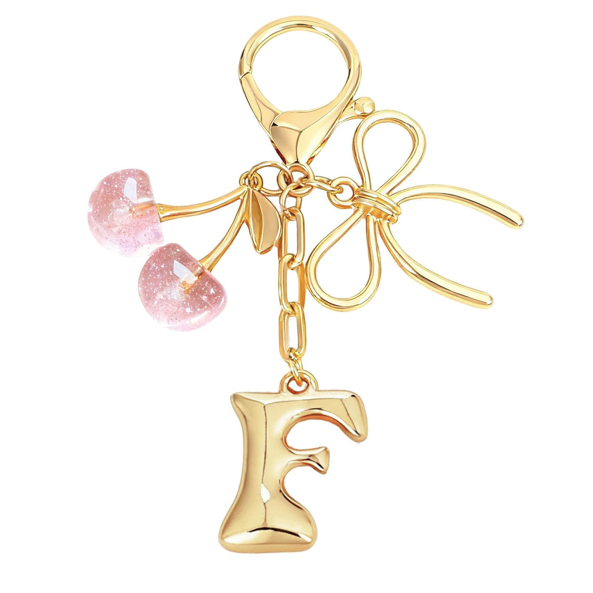 Snycler Bubble Initial Keychain with Bow & Cherry - Gold Letter Bag Charms for Women, Cute Purse Handbag Accessories