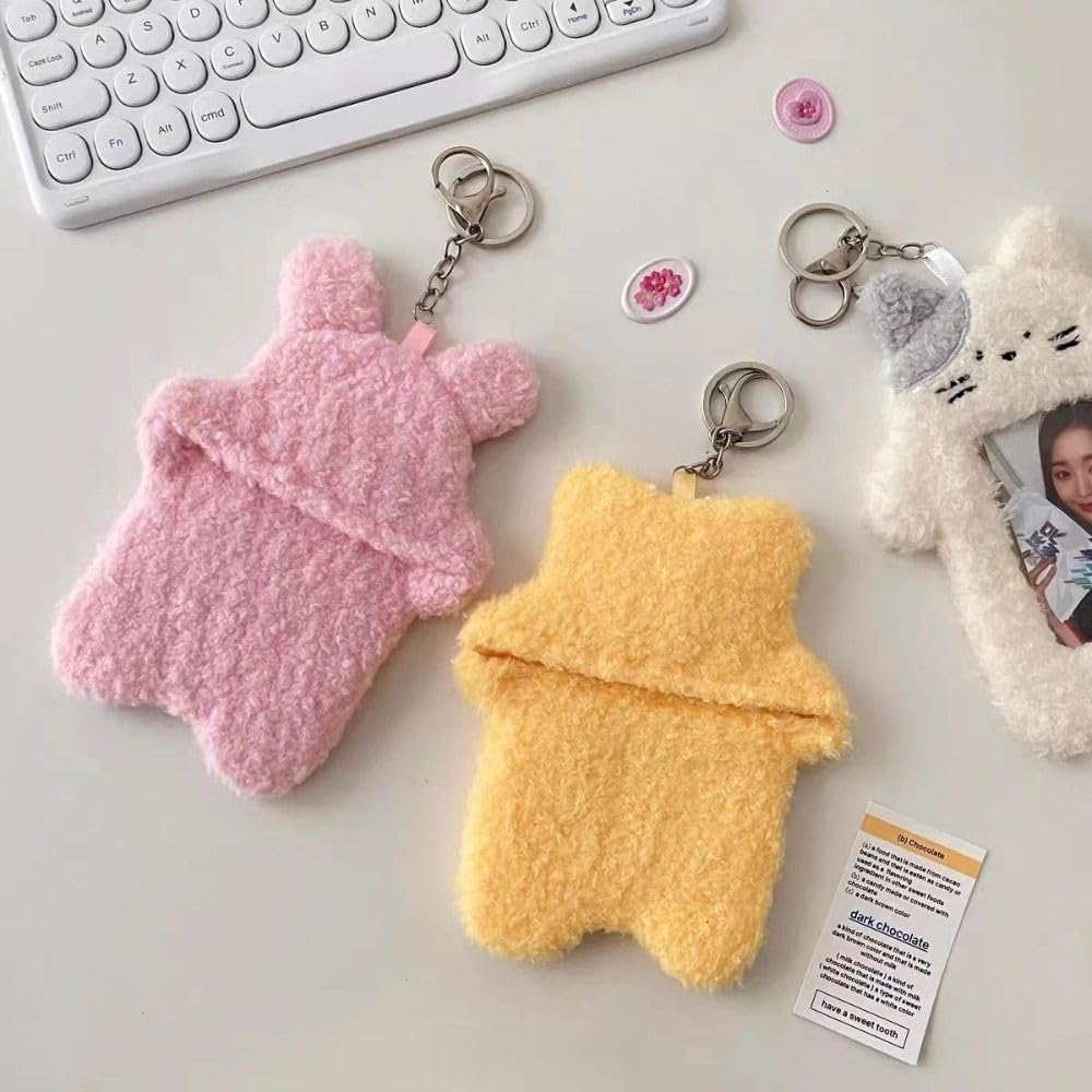 Pink Cute Plush Cartoon Bear Rabbit Photo Set With Keychain, ID Bank Credit Card Holder Protector, Stationery Identification Badge And Supplies