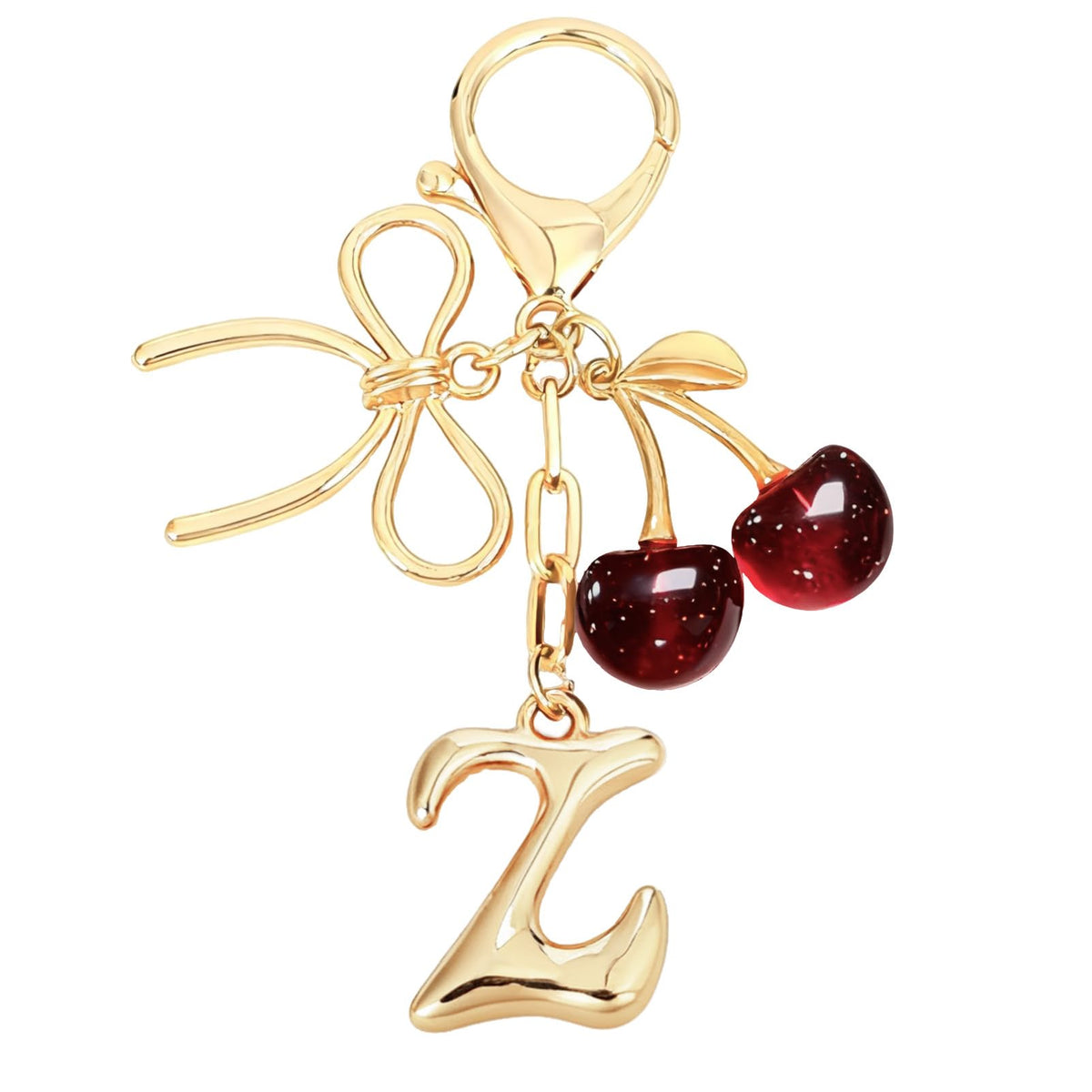 Snycler Bubble Initial Keychain with Bow & Cherry - Gold Letter Bag Charms for Women, Cute Purse Handbag Accessories