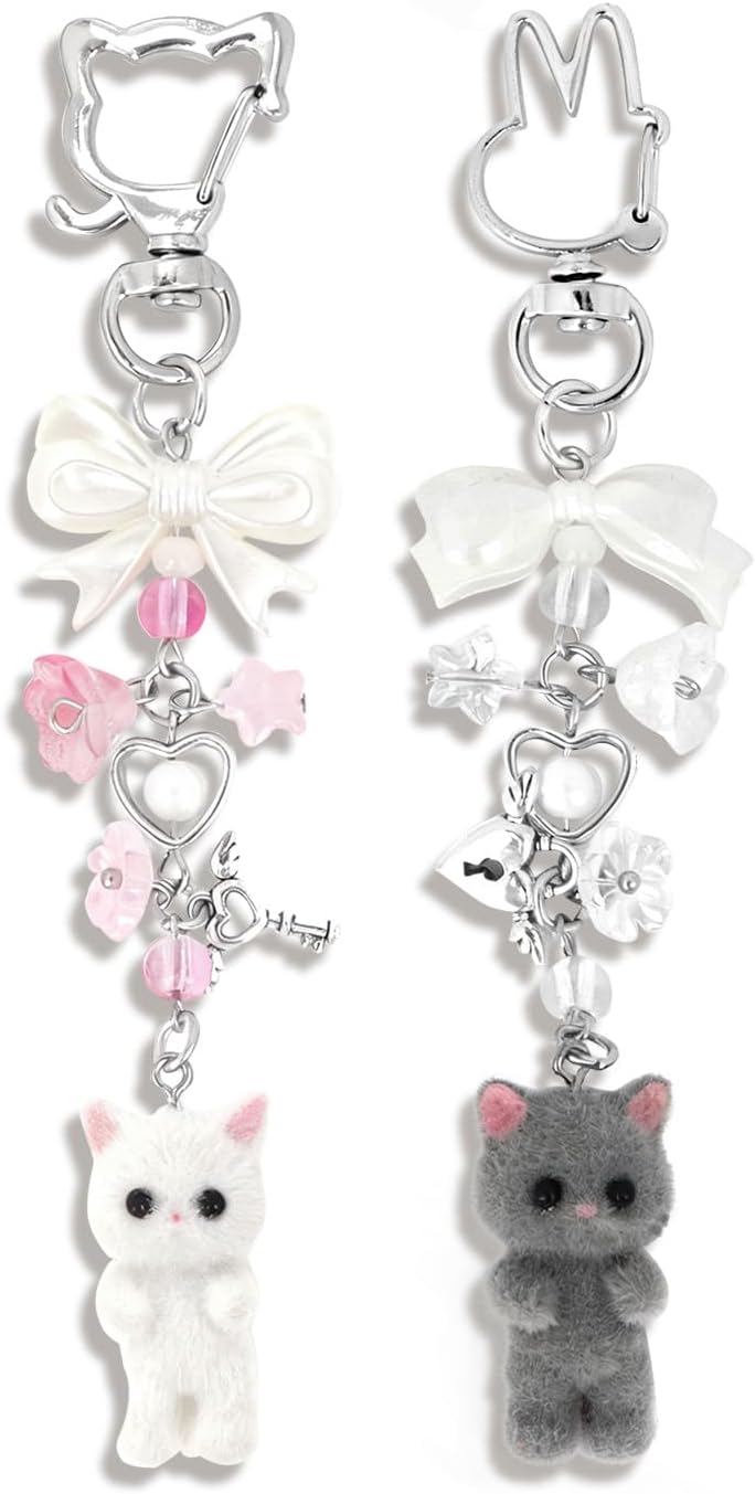 2PCS Cute Pink Fuzzy Cat Keychain Aesthetic Y2K Stylish with Bunny Kitty Lobster Clasp Bow Charms for Handbags Backpacks Purse, Phone