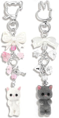 2PCS Cute Pink Fuzzy Cat Keychain Aesthetic Y2K Stylish with Bunny Kitty Lobster Clasp Bow Charms for Handbags Backpacks Purse, Phone
