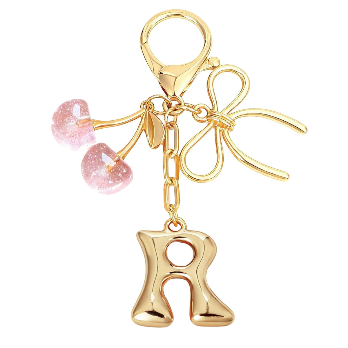 Snycler Bubble Initial Keychain with Bow & Cherry - Gold Letter Bag Charms for Women, Cute Purse Handbag Accessories