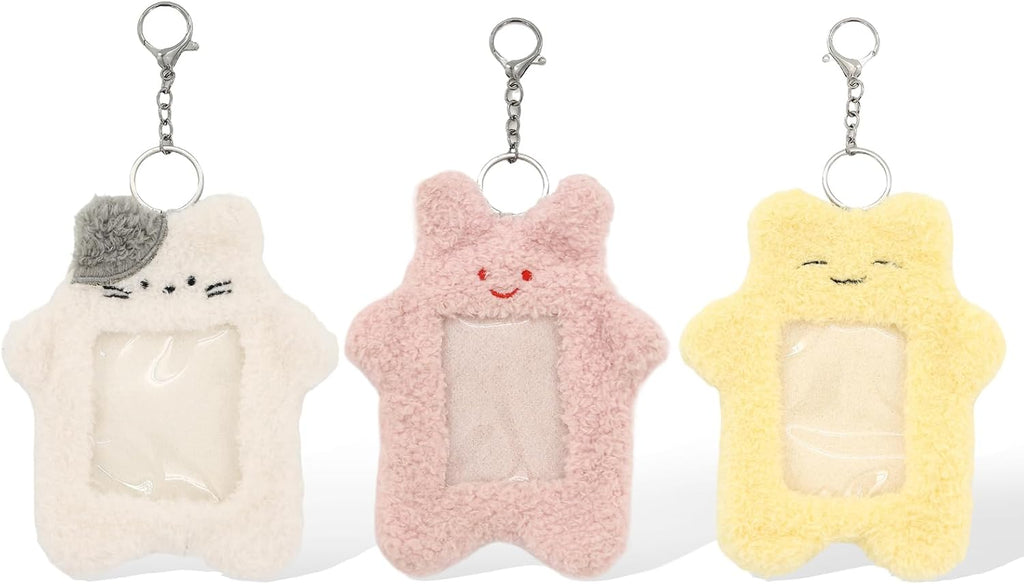 3 PCS Kpop Card Holder Keychain, Cartoon Plush Photocard Holder with Keychain Pendant, Cute Animal Shape, Outdoor Girl Korean Style ID Card Cover Protective Office Supplies