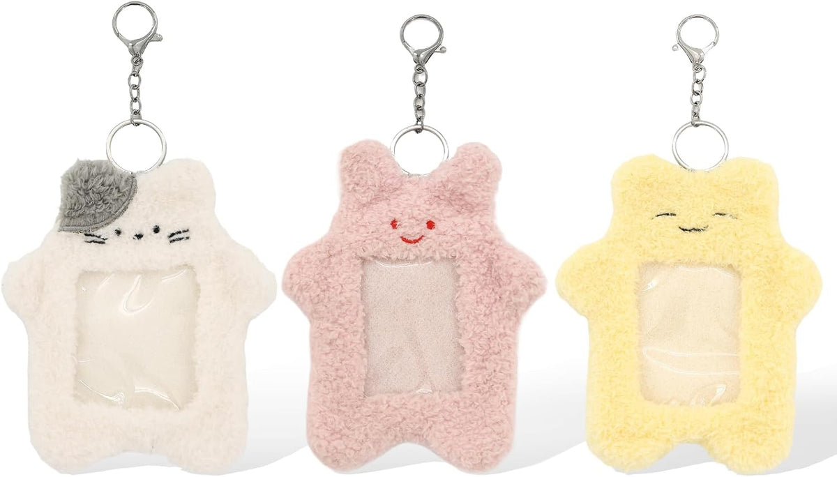 3 PCS Kpop Card Holder Keychain, Cartoon Plush Photocard Holder with Keychain Pendant, Cute Animal Shape, Outdoor Girl Korean Style ID Card Cover Protective Office Supplies