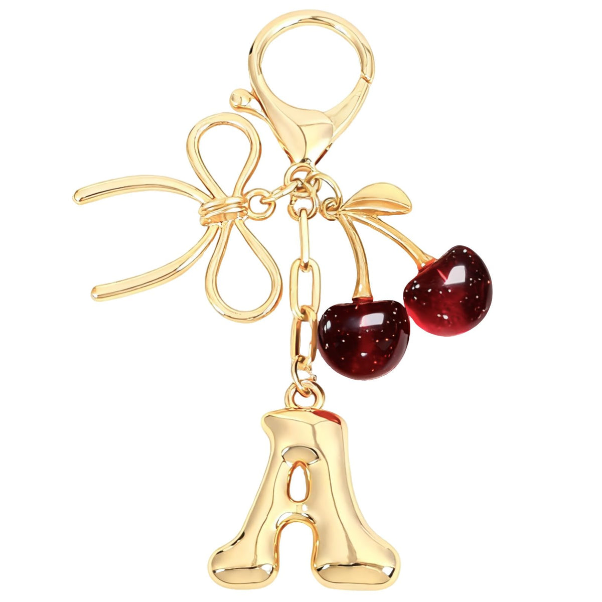Snycler Bubble Initial Keychain with Bow & Cherry - Gold Letter Bag Charms for Women, Cute Purse Handbag Accessories