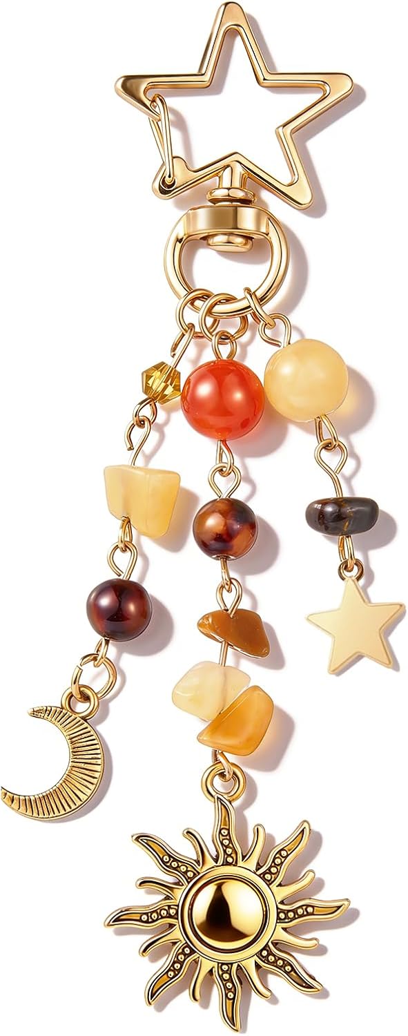 Sun and Moon Keychain Colorful Star Beads Gemstone Charm, Y2K Aesthetic Purse Charm for Women,Men, Handbag & Backpack Decoration