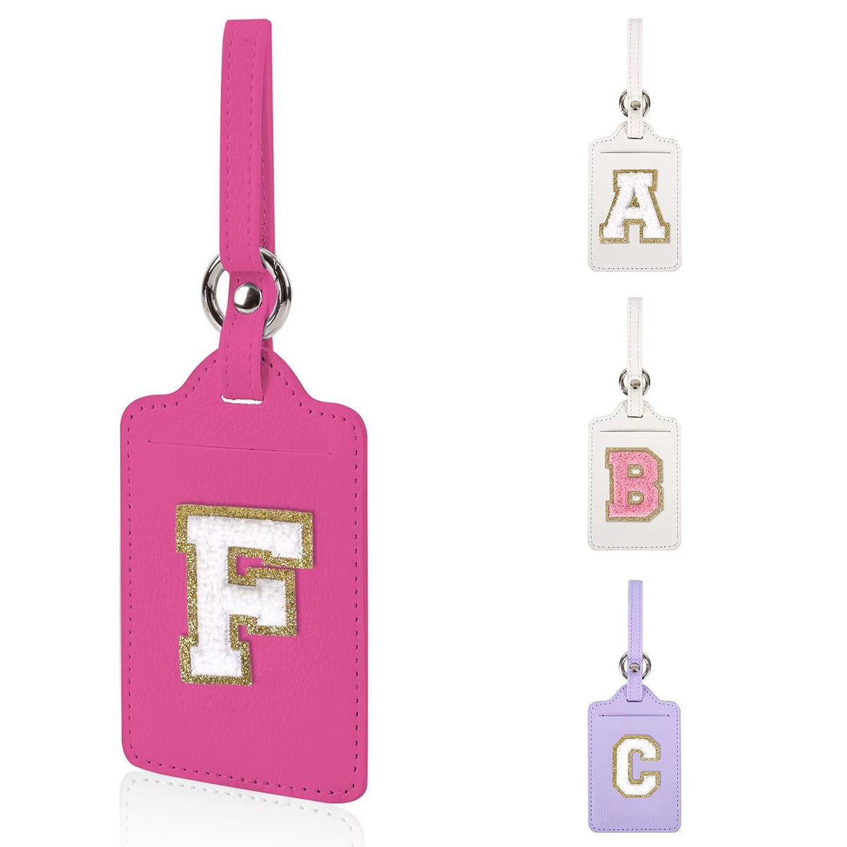 Personalized Initial Luggage Tags for Suitcases, Leather Chenille Letter Cute Luggage Tags with Privacy Name Card, Embroidered Travel Bag Backpack Tag Gifts for Women Kids Girls Teens(Pink-M)