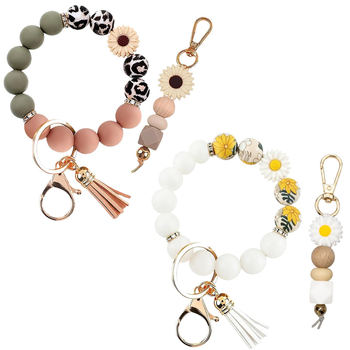 2PCS Bracelet Key Ring Set, Cute Car Key chain Wristlet, Silicone Beaded Bangle keyChains for Women Girls