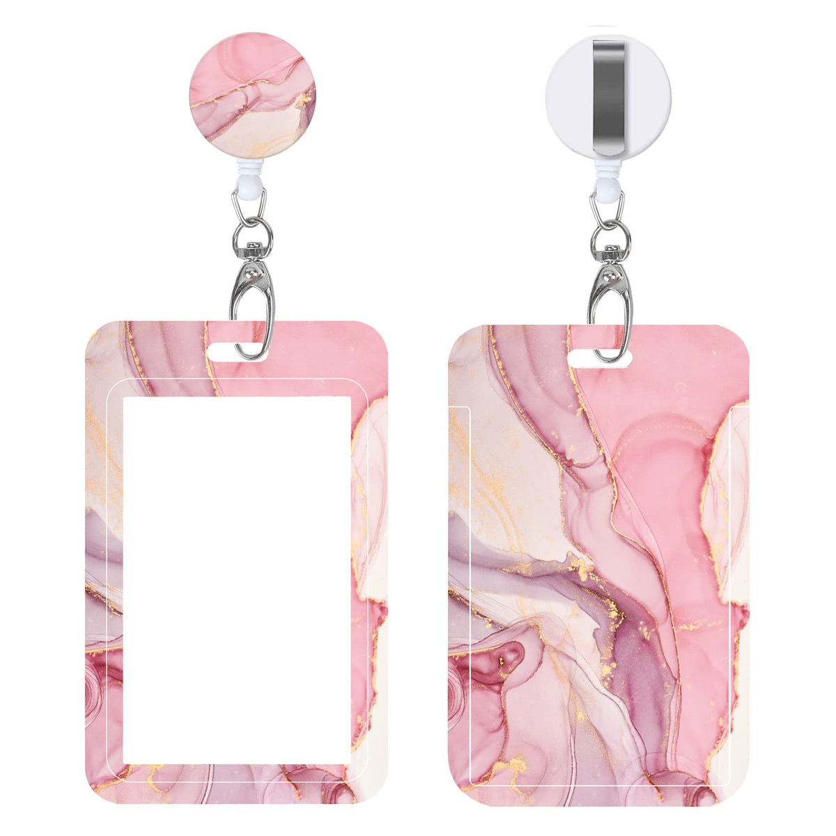 Badge Reels Retractable with Carabiner Reel Clip, Worker Badge Holder Belt Ferrule, Identity ID Badge Holder Case, Nurse Doctor Office School Teacher Name Credit Card Pocket (H-Marble Purple Pink)