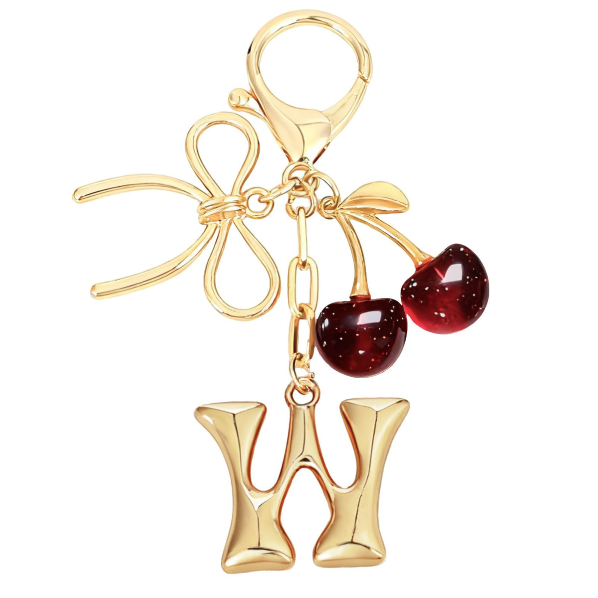 Snycler Bubble Initial Keychain with Bow & Cherry - Gold Letter Bag Charms for Women, Cute Purse Handbag Accessories