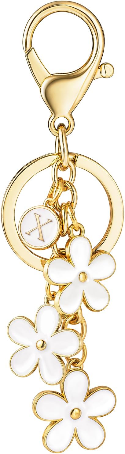 SELOVO Initial Keychain White/Pink/Black Cute Keychain Girl Purse Charms for Handbag Cute Letter Flower Keyring for Backpack