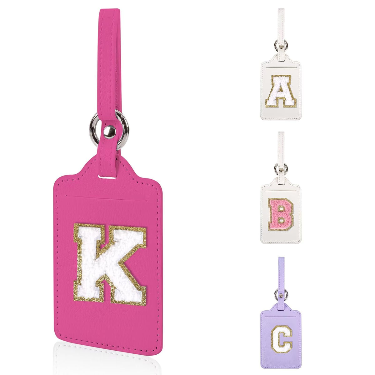 Personalized Initial Luggage Tags for Suitcases, Leather Chenille Letter Cute Luggage Tags with Privacy Name Card, Embroidered Travel Bag Backpack Tag Gifts for Women Kids Girls Teens(Pink-M)