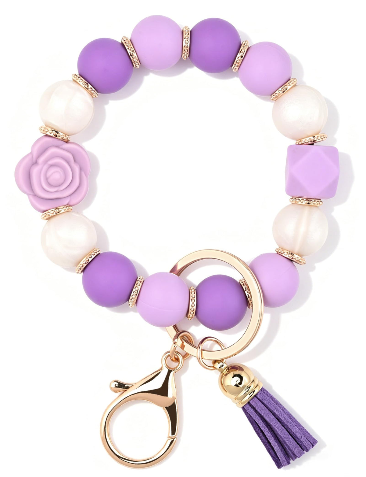 BAOSIWA Keychain Wristlet Cute Car Key Chain Holder Rose Flower Key Ring Bracelet Silicone Beaded Keychains for Women Girls