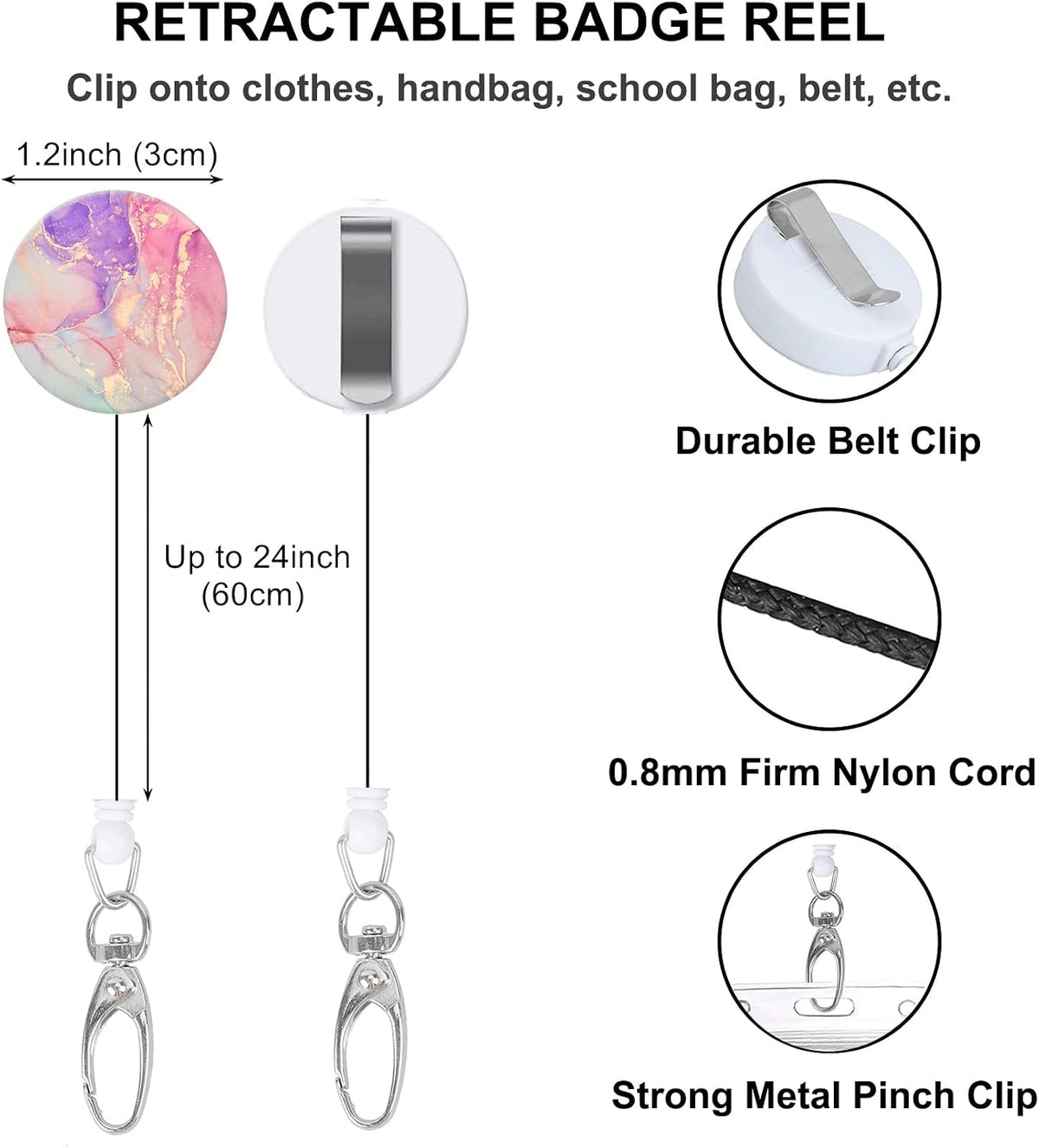 Badge Reels Retractable with Carabiner Reel Clip, Worker Badge Holder Belt Ferrule, Identity ID Badge Holder Case, Nurse Doctor Office School Teacher Name Credit Card Pocket (H-Marble Purple Pink)