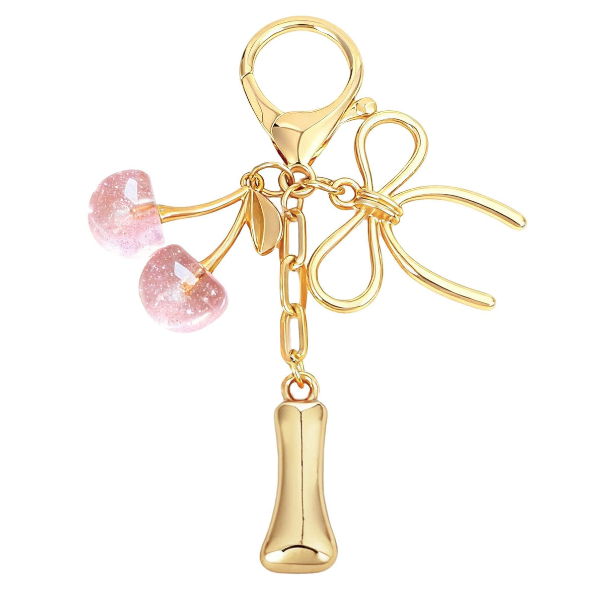 Snycler Bubble Initial Keychain with Bow & Cherry - Gold Letter Bag Charms for Women, Cute Purse Handbag Accessories