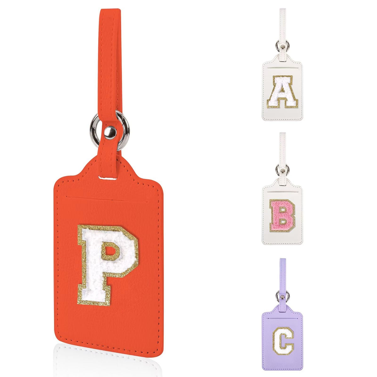 Personalized Initial Luggage Tags for Suitcases, Leather Chenille Letter Cute Luggage Tags with Privacy Name Card, Embroidered Travel Bag Backpack Tag Gifts for Women Kids Girls Teens(Pink-M)