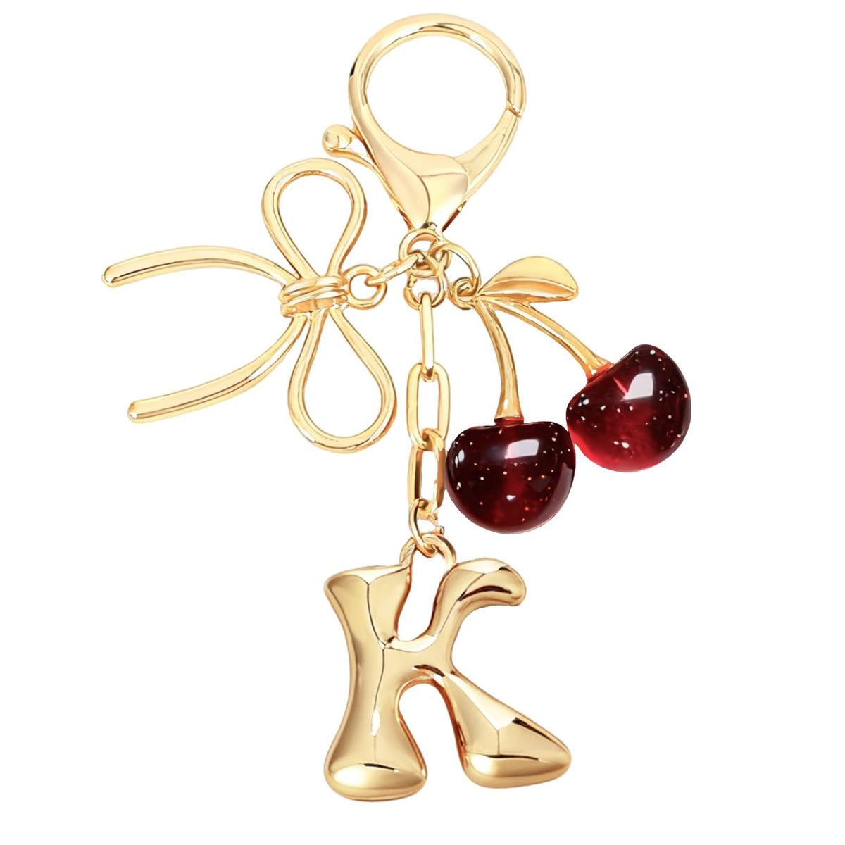 Snycler Bubble Initial Keychain with Bow & Cherry - Gold Letter Bag Charms for Women, Cute Purse Handbag Accessories