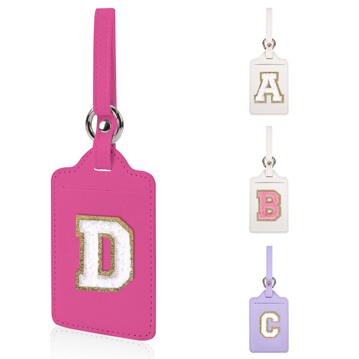 Personalized Initial Luggage Tags for Suitcases, Leather Chenille Letter Cute Luggage Tags with Privacy Name Card, Embroidered Travel Bag Backpack Tag Gifts for Women Kids Girls Teens(Pink-M)