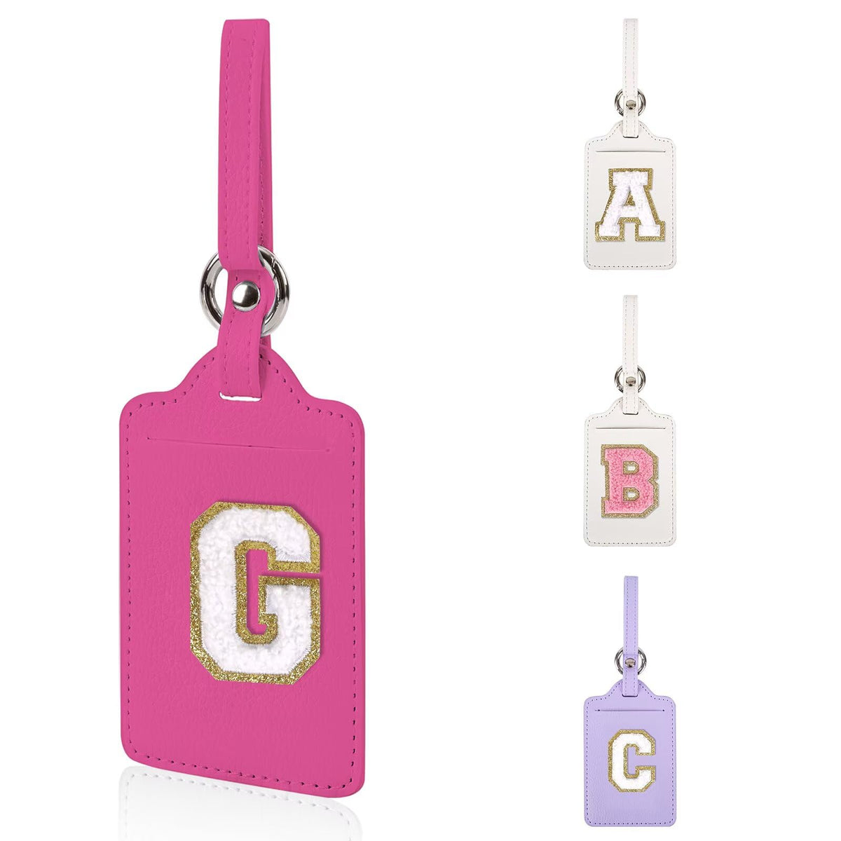 Personalized Initial Luggage Tags for Suitcases, Leather Chenille Letter Cute Luggage Tags with Privacy Name Card, Embroidered Travel Bag Backpack Tag Gifts for Women Kids Girls Teens(Pink-M)