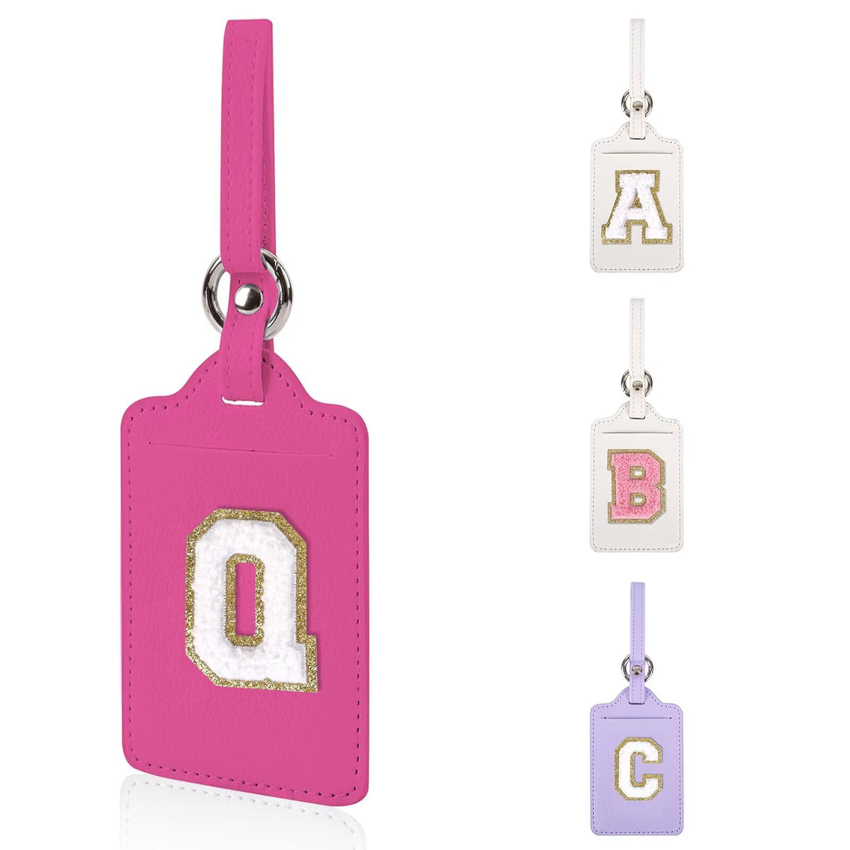 Personalized Initial Luggage Tags for Suitcases, Leather Chenille Letter Cute Luggage Tags with Privacy Name Card, Embroidered Travel Bag Backpack Tag Gifts for Women Kids Girls Teens(Pink-M)