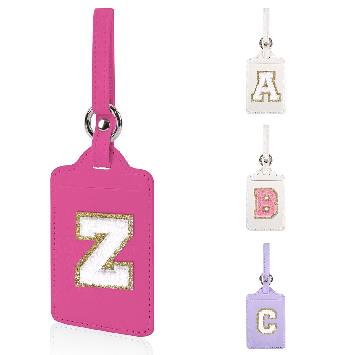 Personalized Initial Luggage Tags for Suitcases, Leather Chenille Letter Cute Luggage Tags with Privacy Name Card, Embroidered Travel Bag Backpack Tag Gifts for Women Kids Girls Teens(Pink-M)