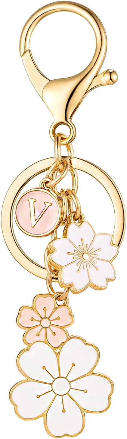 SELOVO Initial Keychain Flower Charms for Key Cute Pink Letter Keyring for Backpack