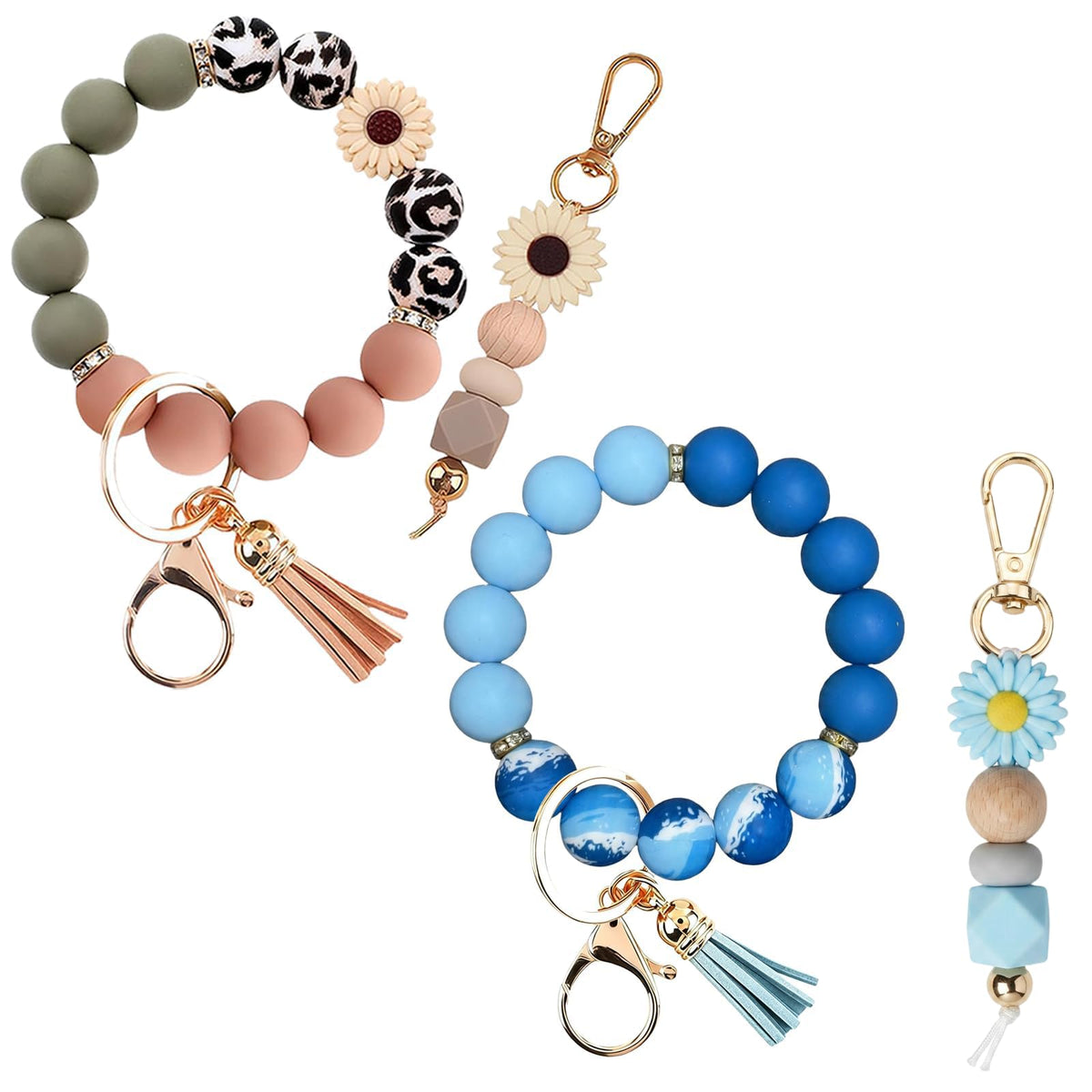 2PCS Bracelet Key Ring Set, Cute Car Key chain Wristlet, Silicone Beaded Bangle keyChains for Women Girls