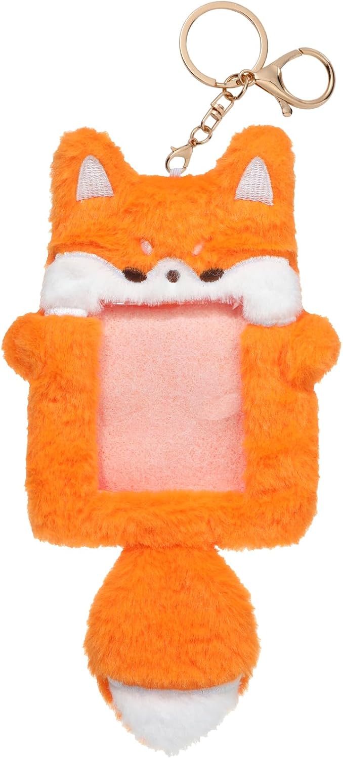 NEWEST Cute Plush Kpop Photocard Holder with Keychain, Soft Fuzzy Fox ID Badge Holder Card Cover, Cartoon Animal Photo Sleeve Protective Case for Kpop Idol Photo Card Bag Pendant Decor, Fox