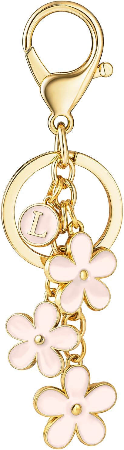 SELOVO Initial Keychain White/Pink/Black Cute Keychain Girl Purse Charms for Handbag Cute Letter Flower Keyring for Backpack