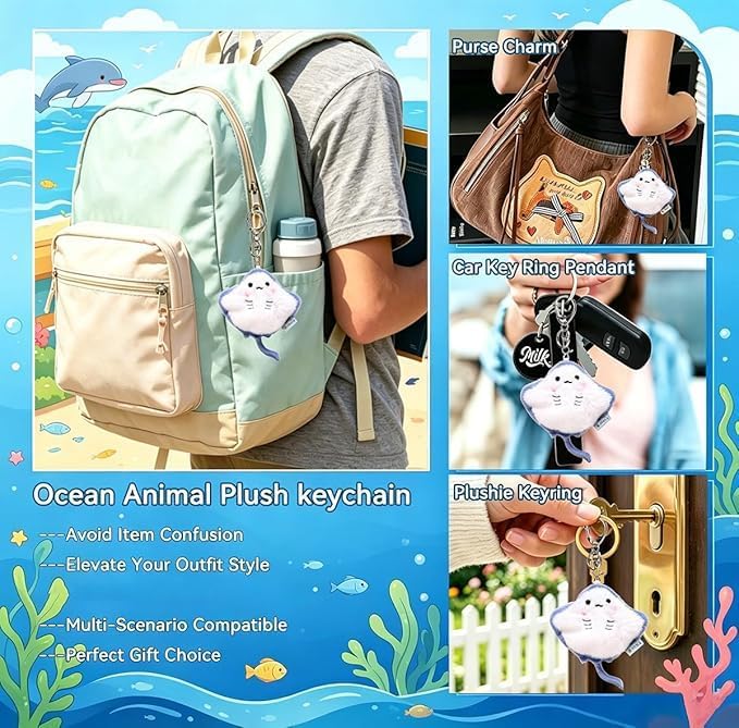 Cute Ocean Animal Plush Keychain-Stuffed Animal Bag Charm for Backpack Purse,Ocean Themed Gift for Teens Women