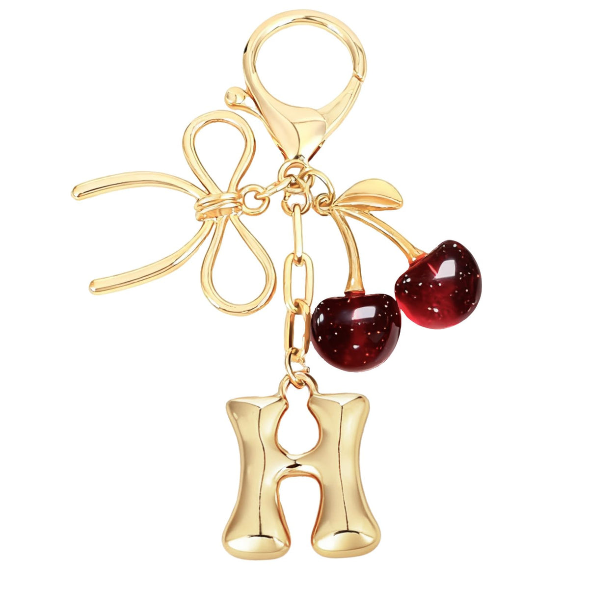 Snycler Bubble Initial Keychain with Bow & Cherry - Gold Letter Bag Charms for Women, Cute Purse Handbag Accessories