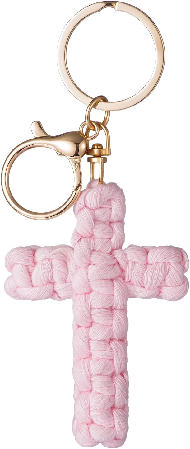 Macrame Cross Keychain,Jesus Key Chain Christian Car Accessories Handmade Soft Cross Keychain Charm Inspired Boho Decor (pink)