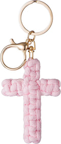 Macrame Cross Keychain,Jesus Key Chain Christian Car Accessories Handmade Soft Cross Keychain Charm Inspired Boho Decor (pink)