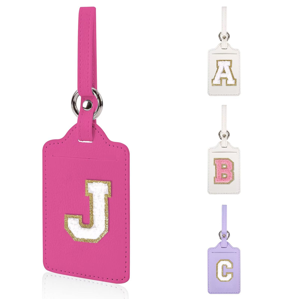 Personalized Initial Luggage Tags for Suitcases, Leather Chenille Letter Cute Luggage Tags with Privacy Name Card, Embroidered Travel Bag Backpack Tag Gifts for Women Kids Girls Teens(Pink-M)