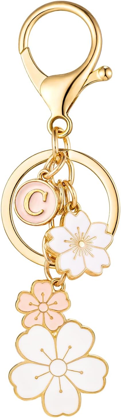 SELOVO Initial Keychain Flower Charms for Key Cute Pink Letter Keyring for Backpack